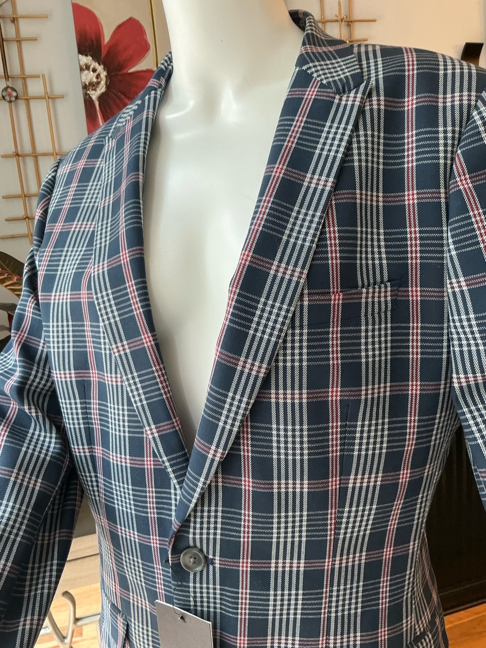 ASOS NWT Mens Preppy Blazer Navy Red Check Pattern Casual Event Business Size 40
